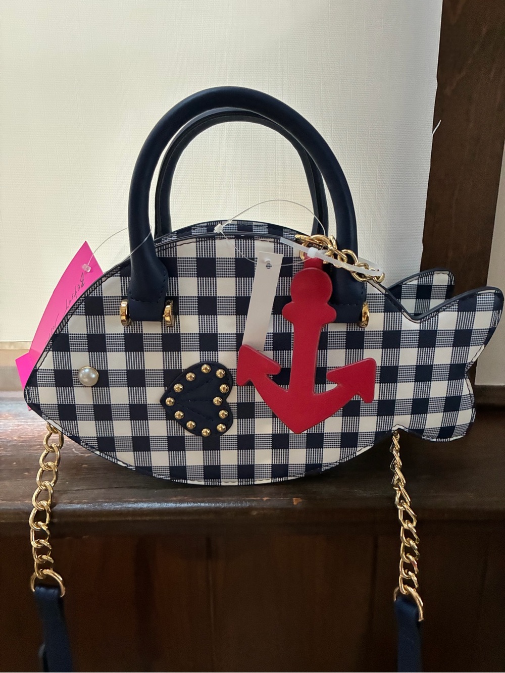 Betsey Johnson Navy Gingham Fish-Shaped Crossbody with Red Anchor Charm